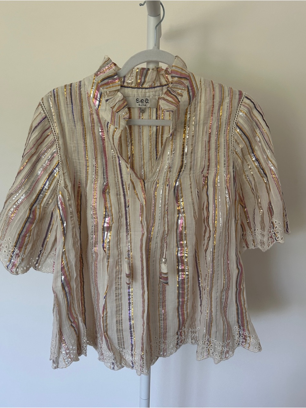 See by Chloé Metallic Striped Ruffle Blouse - Cream Pink Gold